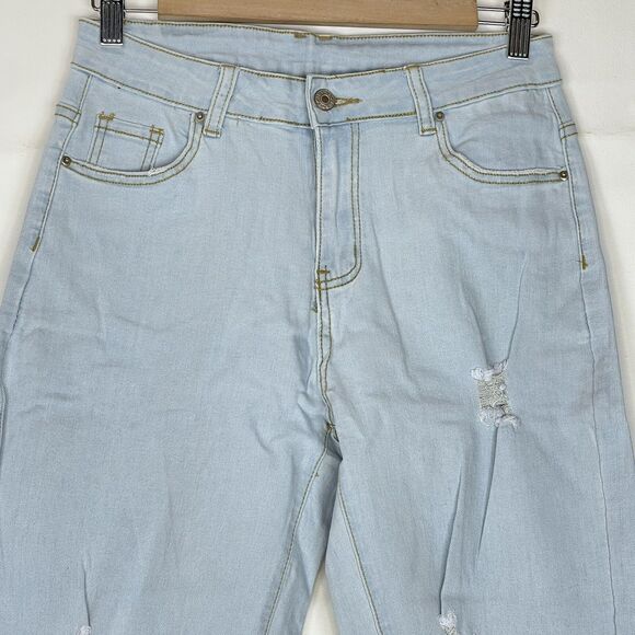 New Women’s Light Wash Distressed Flare Jeans Sz M Fits L XL Stretch High Rise - Picture 5 of 16